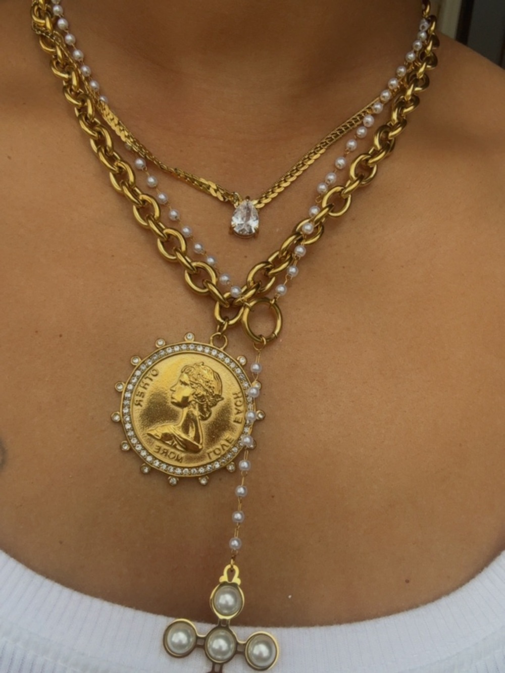 Gold Multi-Layer Coin & Pearl Cross Pendant Necklace Stack 18K plated